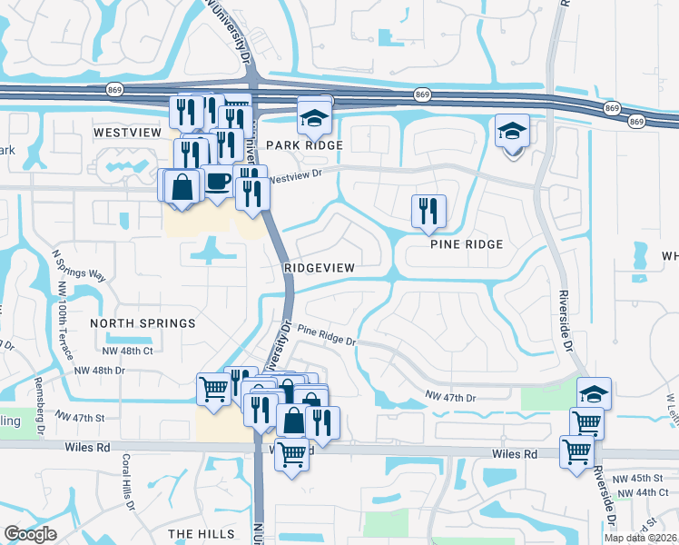 map of restaurants, bars, coffee shops, grocery stores, and more near 9099 Northwest 52nd Court in Coral Springs
