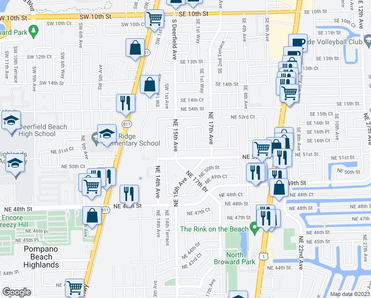 map of restaurants, bars, coffee shops, grocery stores, and more near 5030 Northeast 15th Terrace in Pompano Beach