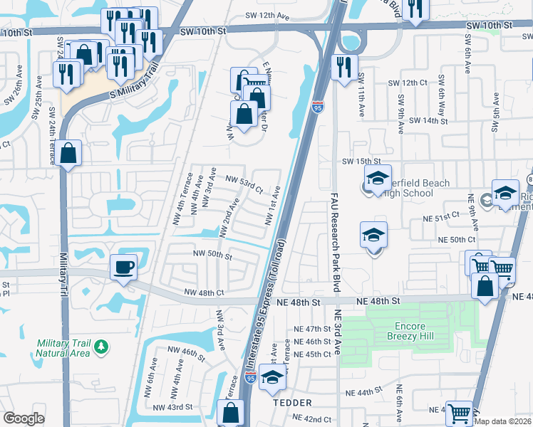 map of restaurants, bars, coffee shops, grocery stores, and more near 113 Northwest 52nd Court in Pompano Beach