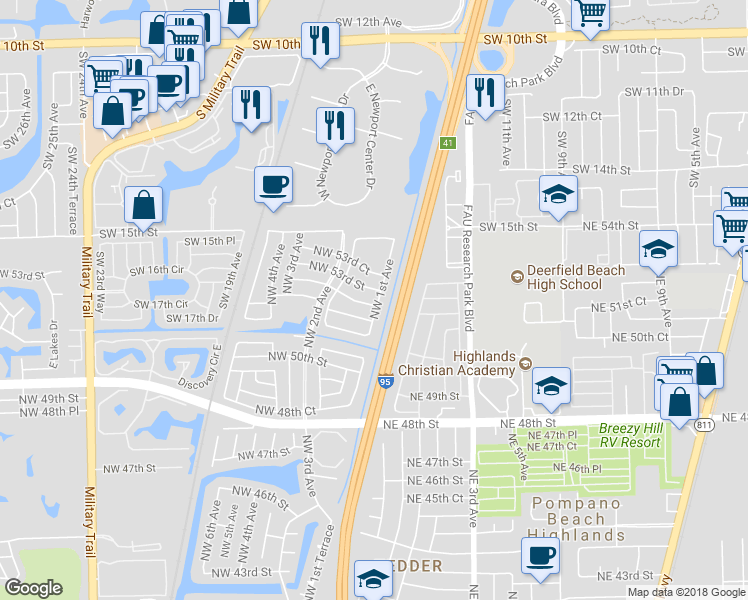 map of restaurants, bars, coffee shops, grocery stores, and more near 113 Northwest 52nd Court in Pompano Beach