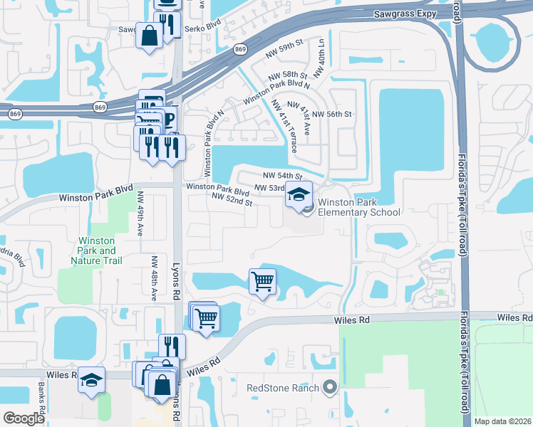 map of restaurants, bars, coffee shops, grocery stores, and more near 4275 Northwest 52nd Street in Coconut Creek