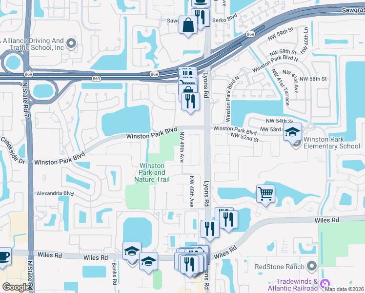 map of restaurants, bars, coffee shops, grocery stores, and more near 5176 Northwest 49th Avenue in Coconut Creek