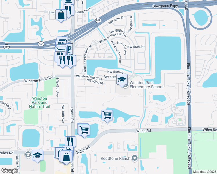 map of restaurants, bars, coffee shops, grocery stores, and more near 4275 Northwest 52nd Street in Coconut Creek