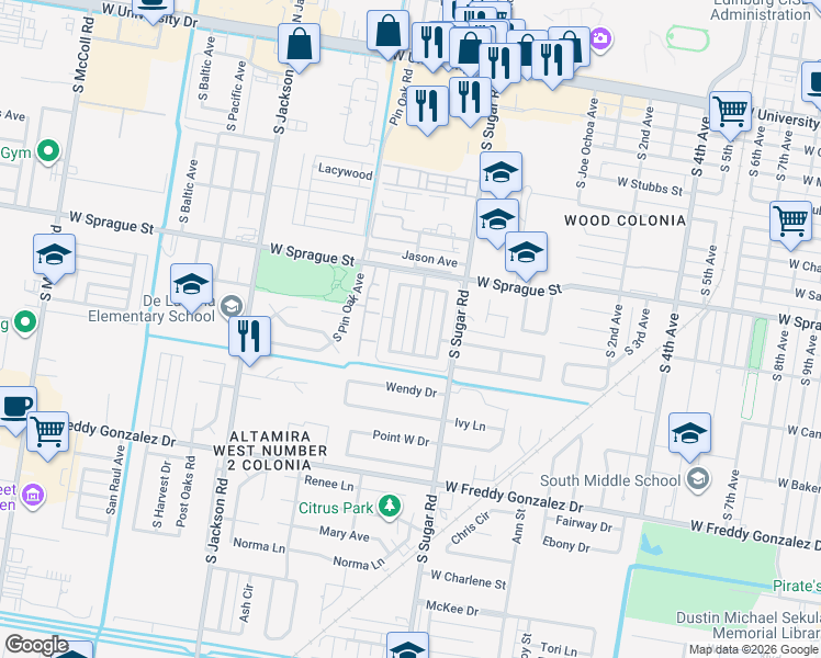 map of restaurants, bars, coffee shops, grocery stores, and more near 1101 Stonehaven Boulevard in Edinburg
