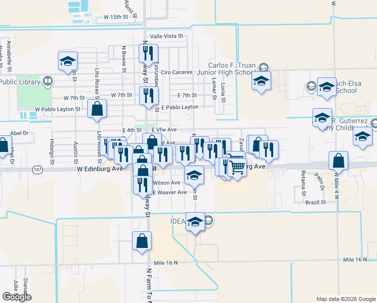 map of restaurants, bars, coffee shops, grocery stores, and more near 400 East 3rd Street in Elsa