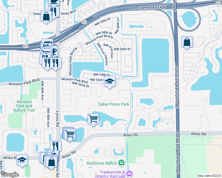map of restaurants, bars, coffee shops, grocery stores, and more near 4000 Winston Park Boulevard in Coconut Creek