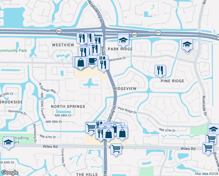 map of restaurants, bars, coffee shops, grocery stores, and more near 9543 Northwest 52nd Place in Coral Springs