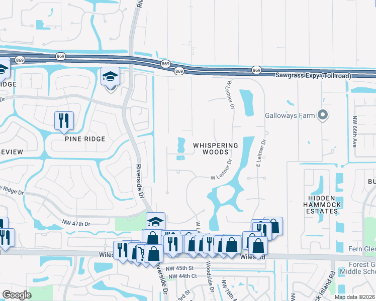 map of restaurants, bars, coffee shops, grocery stores, and more near 5235 Whisper Drive in Coral Springs