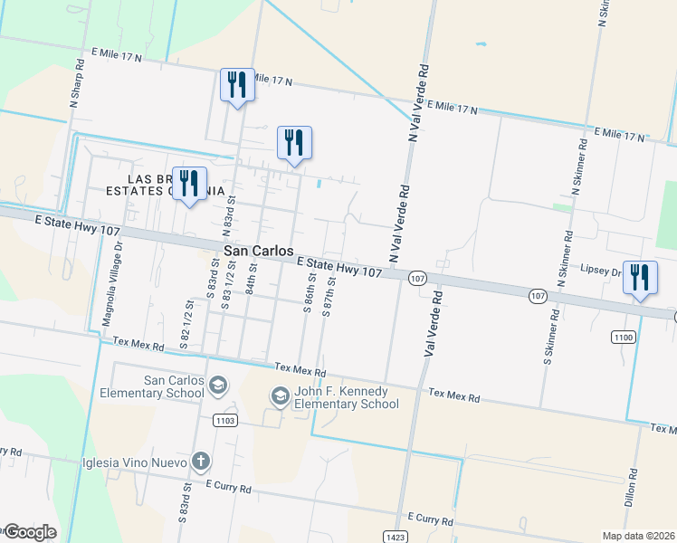 map of restaurants, bars, coffee shops, grocery stores, and more near 8722 Texas 107 in Edinburg