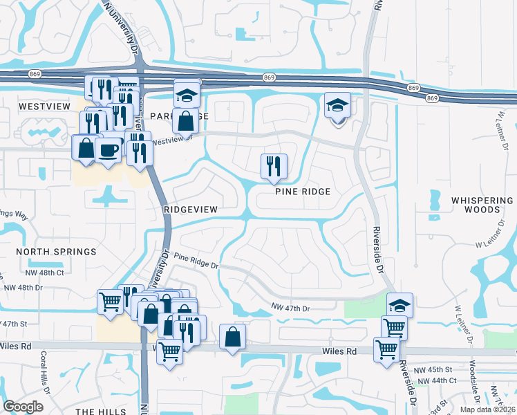 map of restaurants, bars, coffee shops, grocery stores, and more near 3752 Northwest 87th Way in Coral Springs
