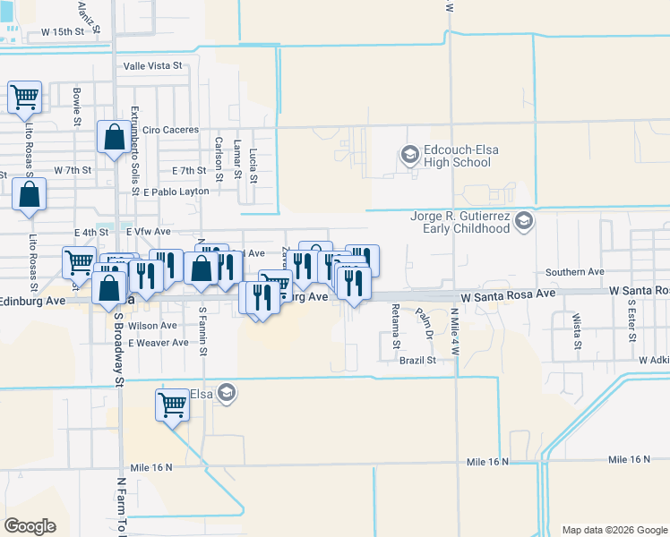 map of restaurants, bars, coffee shops, grocery stores, and more near 701 East Ricky Crossland Avenue in Elsa