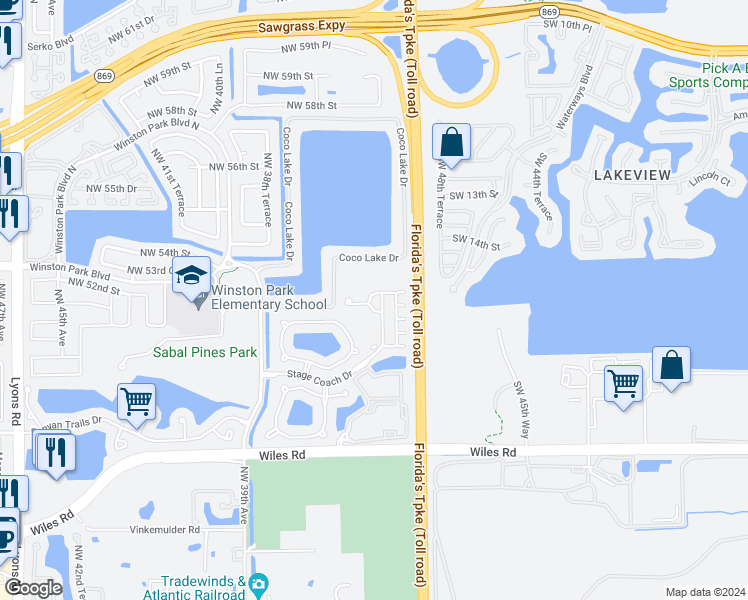 map of restaurants, bars, coffee shops, grocery stores, and more near 5197 Meadow Oaks Drive in Coconut Creek