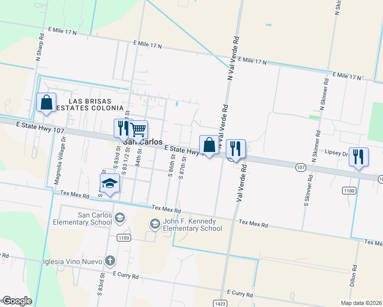 map of restaurants, bars, coffee shops, grocery stores, and more near 8722 Texas 107 in Edinburg