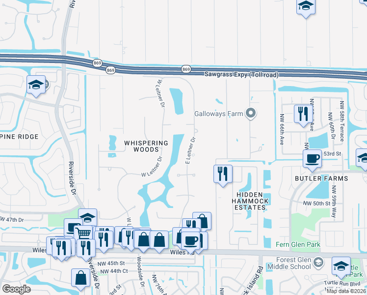 map of restaurants, bars, coffee shops, grocery stores, and more near 5328 East Leitner Drive in Coral Springs