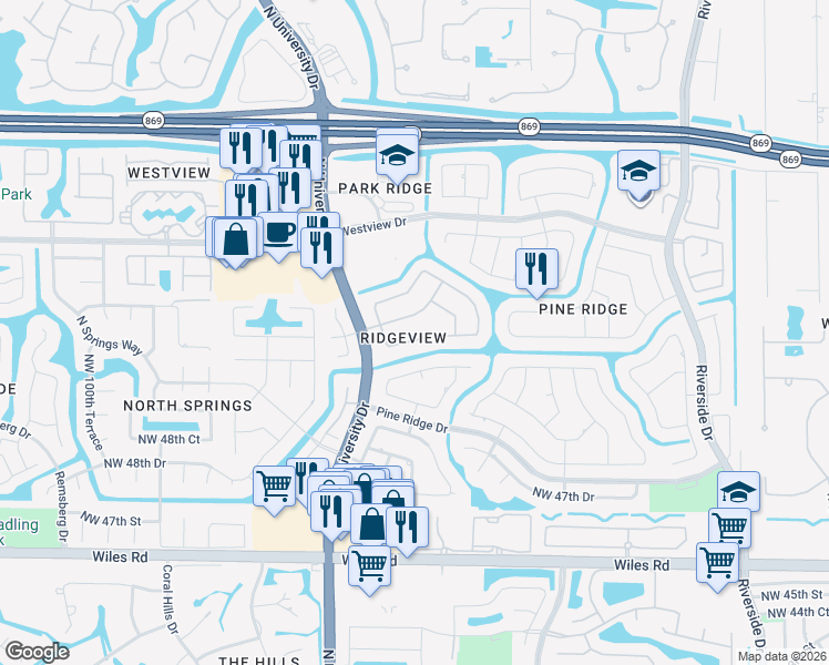 map of restaurants, bars, coffee shops, grocery stores, and more near 9099 Northwest 52nd Court in Coral Springs