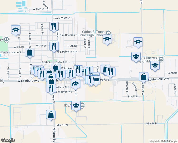 map of restaurants, bars, coffee shops, grocery stores, and more near 418 East 3rd Street in Elsa