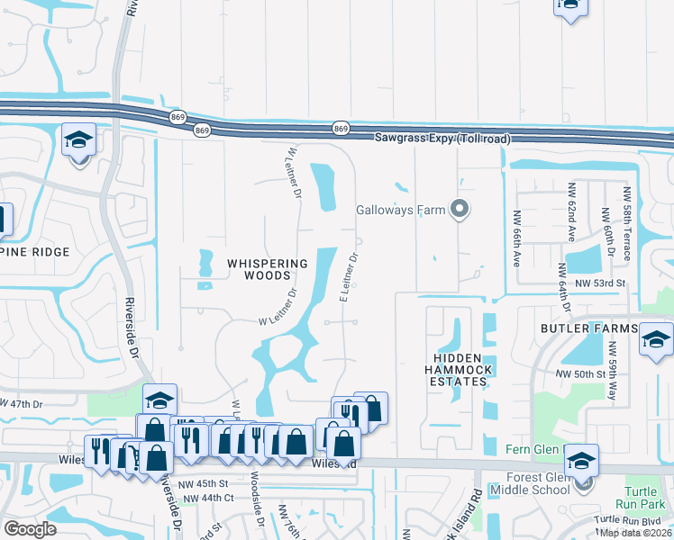 map of restaurants, bars, coffee shops, grocery stores, and more near 5328 East Leitner Drive in Coral Springs
