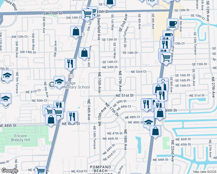 map of restaurants, bars, coffee shops, grocery stores, and more near 5182 Northeast 16th Avenue in Pompano Beach