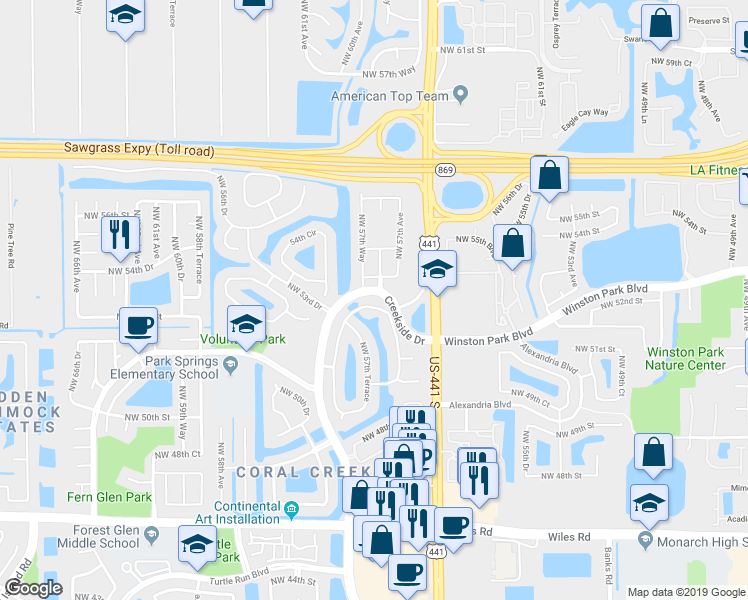 map of restaurants, bars, coffee shops, grocery stores, and more near 5175 Northwest 57th Drive in Coral Springs