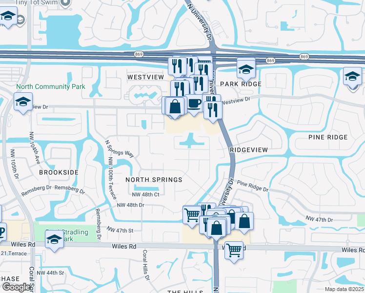 map of restaurants, bars, coffee shops, grocery stores, and more near 9733 Northwest 52nd Place in Coral Springs