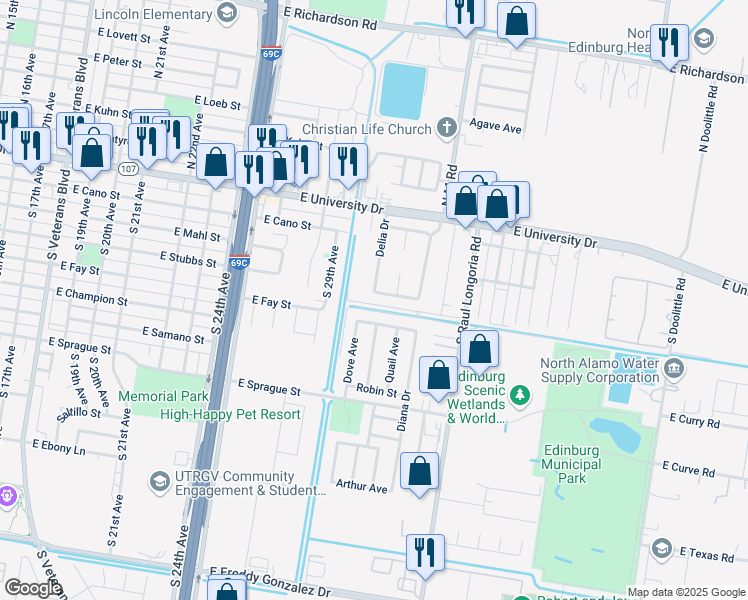 map of restaurants, bars, coffee shops, grocery stores, and more near 324 Delia Drive in Edinburg