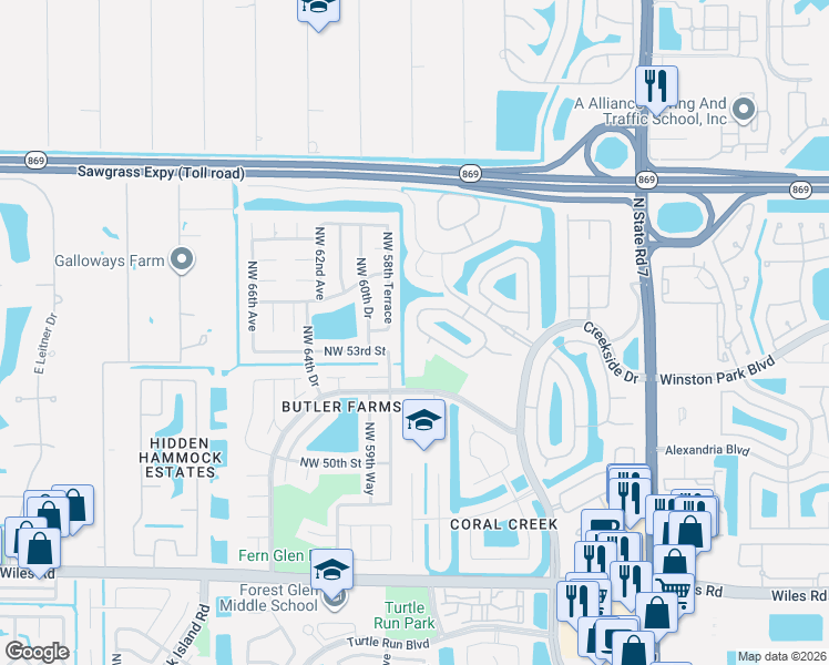 map of restaurants, bars, coffee shops, grocery stores, and more near 6169 Northwest 53rd Circle in Coral Springs