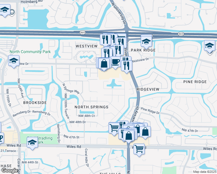 map of restaurants, bars, coffee shops, grocery stores, and more near 9711 Northwest 52nd Place in Coral Springs