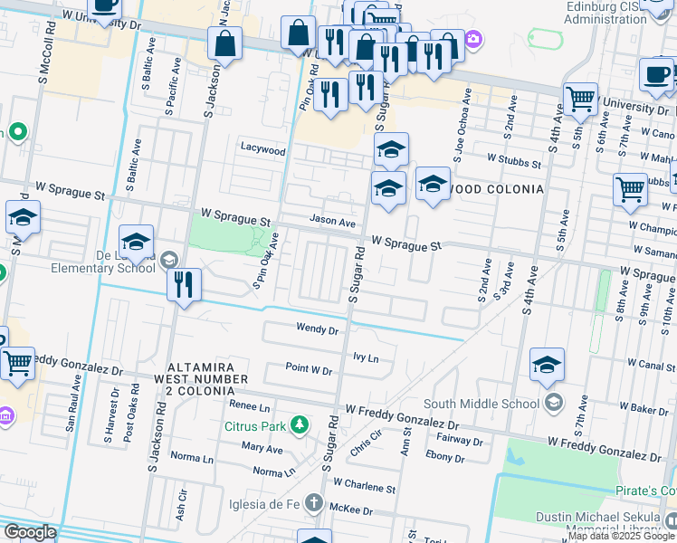 map of restaurants, bars, coffee shops, grocery stores, and more near 1010 Stonehaven Boulevard in Edinburg