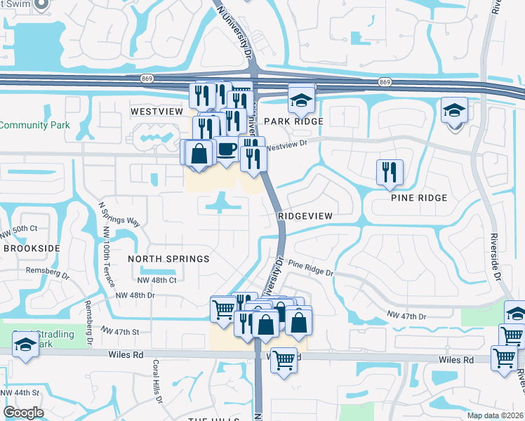 map of restaurants, bars, coffee shops, grocery stores, and more near 9543 Northwest 52nd Place in Coral Springs