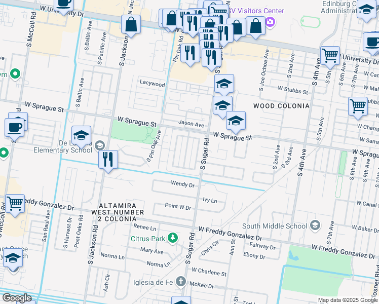 map of restaurants, bars, coffee shops, grocery stores, and more near 1010 Stonehaven Boulevard in Edinburg