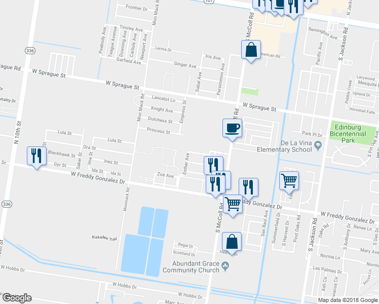 map of restaurants, bars, coffee shops, grocery stores, and more near Page Avenue in Edinburg