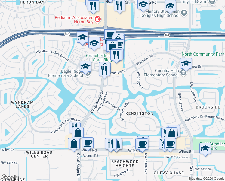 map of restaurants, bars, coffee shops, grocery stores, and more near 11257 Northwest 51st Street in Coral Springs