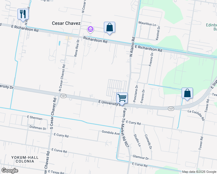 map of restaurants, bars, coffee shops, grocery stores, and more near 724 Hamlin Street in Edinburg