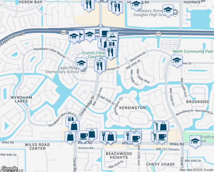 map of restaurants, bars, coffee shops, grocery stores, and more near 11257 Northwest 51st Street in Coral Springs
