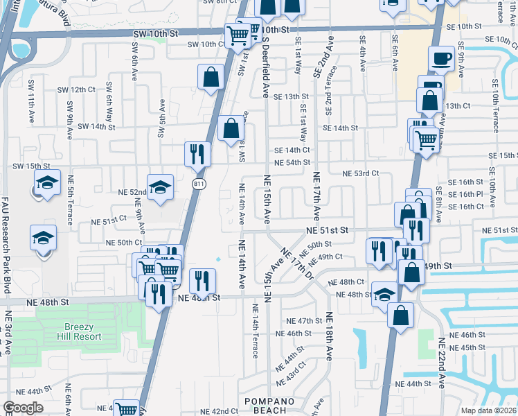 map of restaurants, bars, coffee shops, grocery stores, and more near 5183 Northeast 14th Terrace in Pompano Beach
