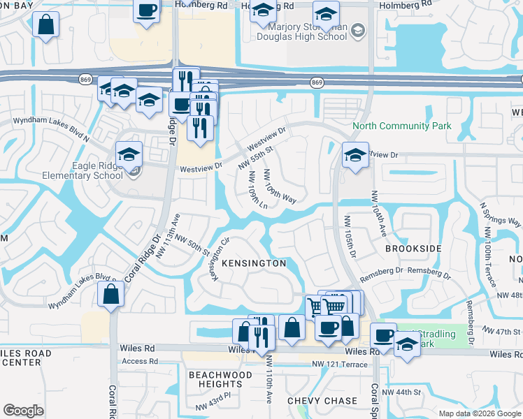 map of restaurants, bars, coffee shops, grocery stores, and more near 5250 Northwest 109th Lane in Coral Springs