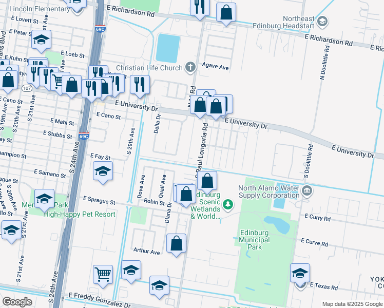 map of restaurants, bars, coffee shops, grocery stores, and more near 315 34th Street in Edinburg