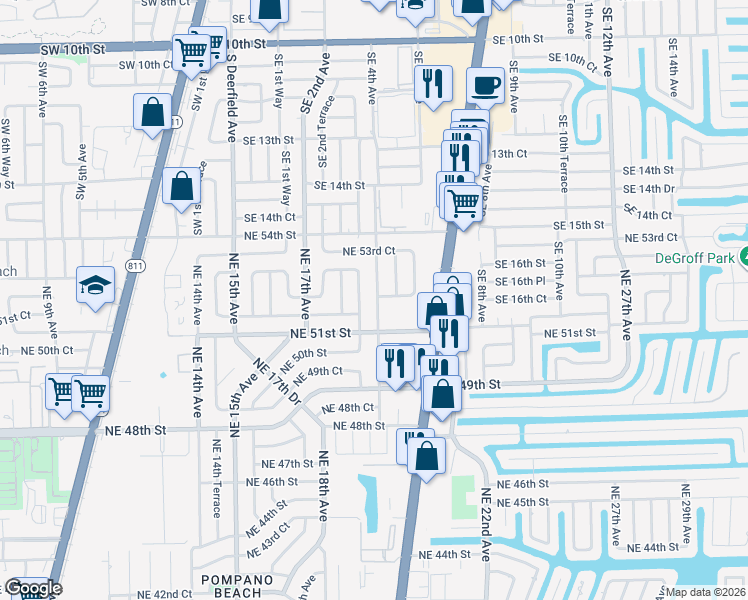map of restaurants, bars, coffee shops, grocery stores, and more near 5195 Northeast 19th Terrace in Pompano Beach