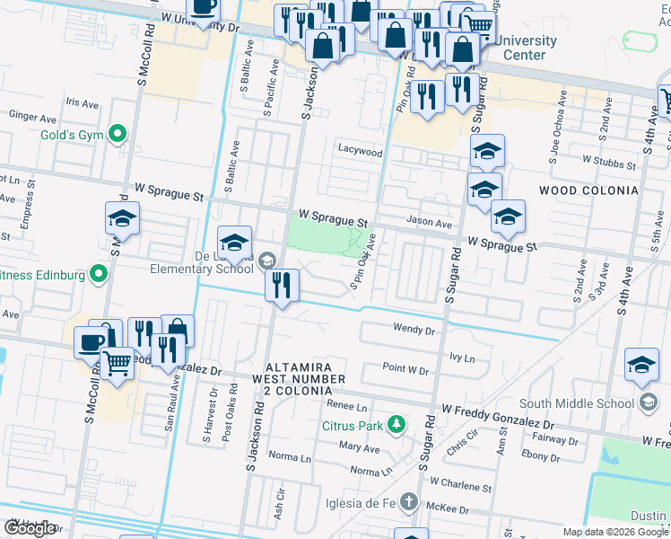 map of restaurants, bars, coffee shops, grocery stores, and more near 1816 Live Oak Road in Edinburg