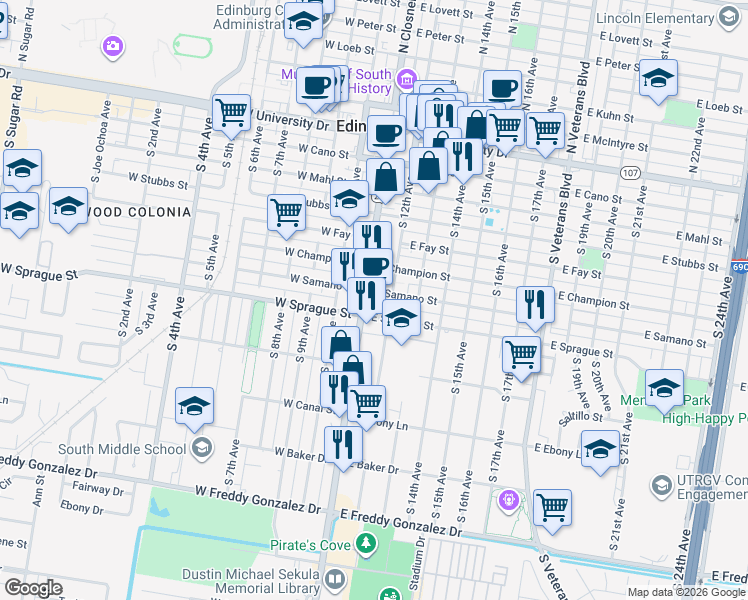 map of restaurants, bars, coffee shops, grocery stores, and more near 700 South Closner Boulevard in Edinburg