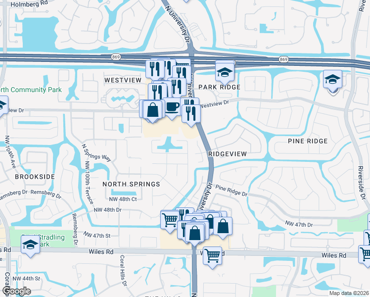 map of restaurants, bars, coffee shops, grocery stores, and more near 5224 Northwest 96th Drive in Coral Springs
