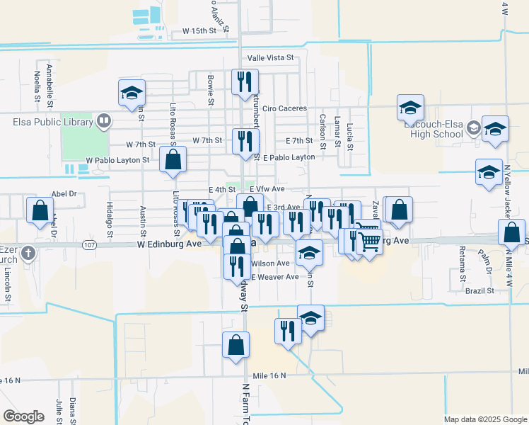 map of restaurants, bars, coffee shops, grocery stores, and more near 202 East 3rd Avenue in Elsa
