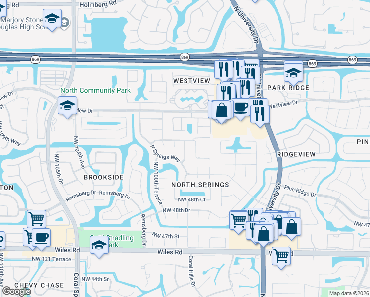 map of restaurants, bars, coffee shops, grocery stores, and more near 5146 Northwest 99th Way in Coral Springs