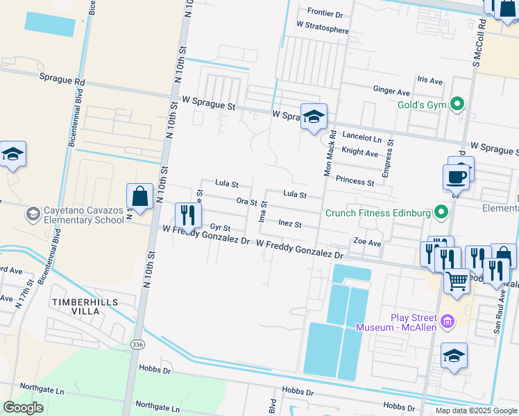 map of restaurants, bars, coffee shops, grocery stores, and more near 1301 Ima Street in Edinburg