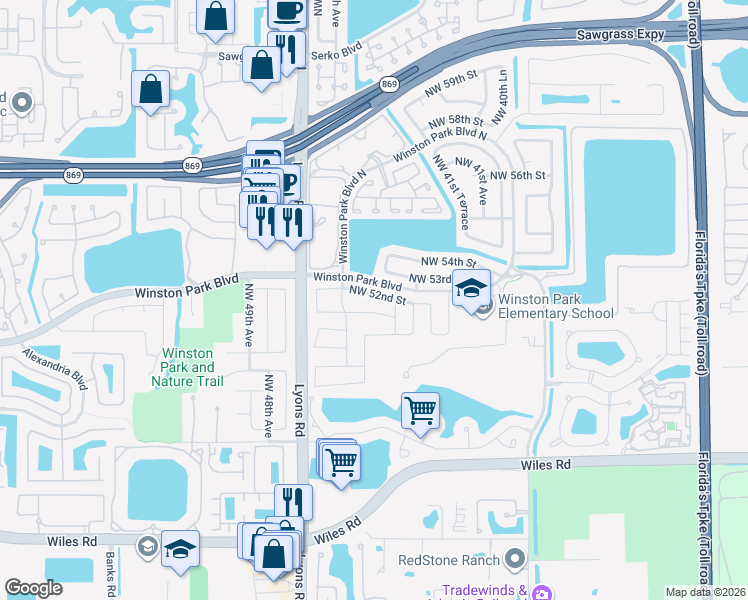 map of restaurants, bars, coffee shops, grocery stores, and more near 4374 Northwest 52nd Street in Coconut Creek