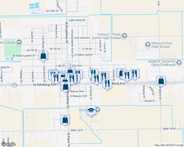 map of restaurants, bars, coffee shops, grocery stores, and more near 400 E 3rd St in Elsa
