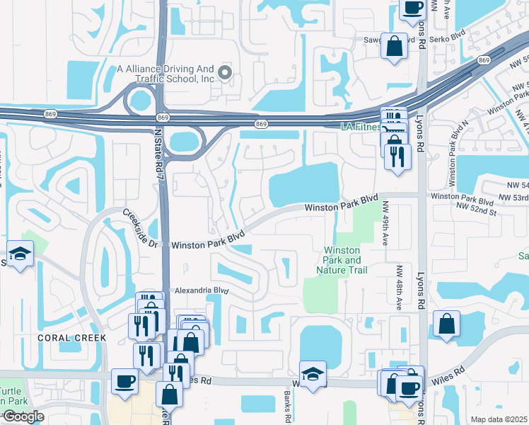 map of restaurants, bars, coffee shops, grocery stores, and more near 5310 Northwest 52nd Street in Coconut Creek