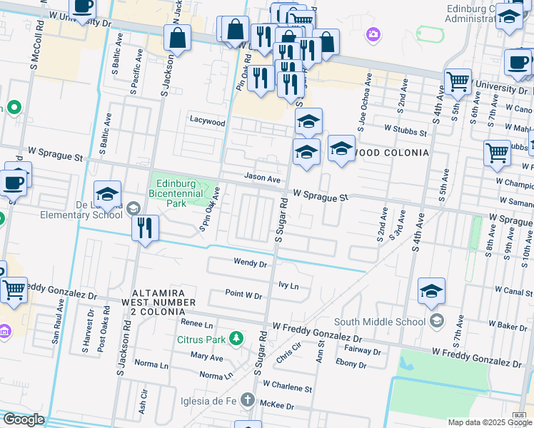 map of restaurants, bars, coffee shops, grocery stores, and more near 1010 Stonehaven Boulevard in Edinburg
