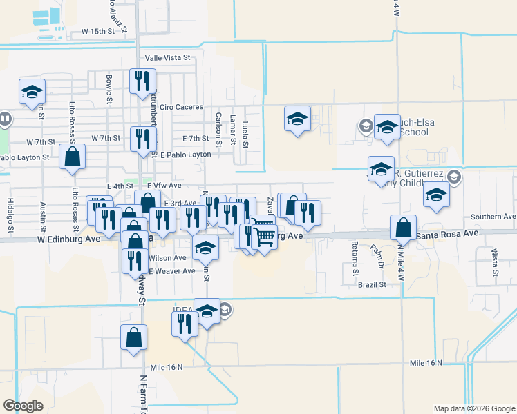 map of restaurants, bars, coffee shops, grocery stores, and more near 514 East 3rd Street in Elsa