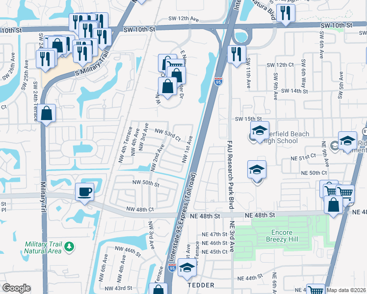 map of restaurants, bars, coffee shops, grocery stores, and more near 123 Northwest 53rd Street in Pompano Beach